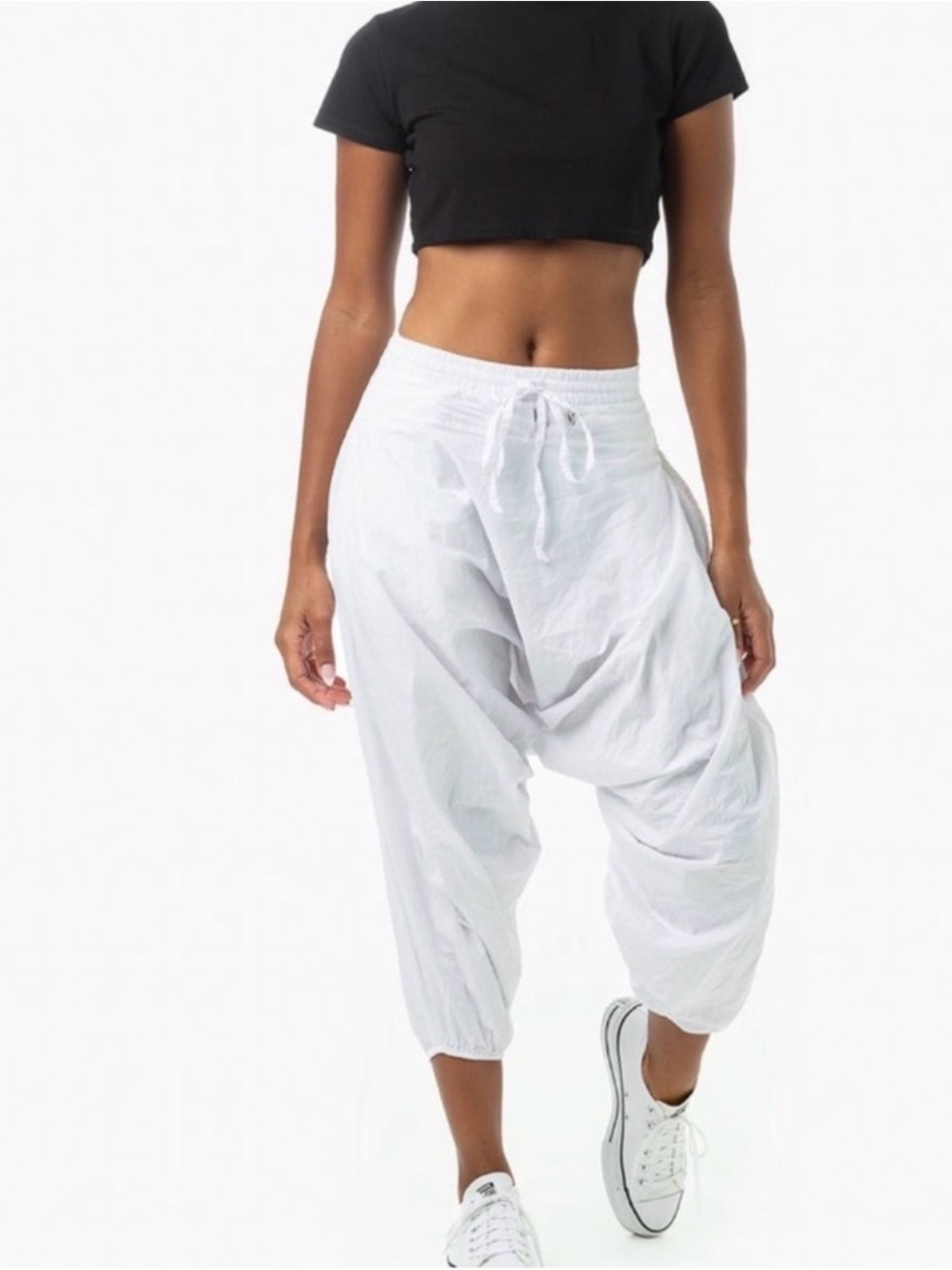 Women's White Harem cotton Pants - Lightweight Drawstring
